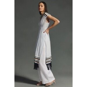 Anthropologie Crochet Trim Fringed Hem Sleeveless Light Blue Kaftan OS